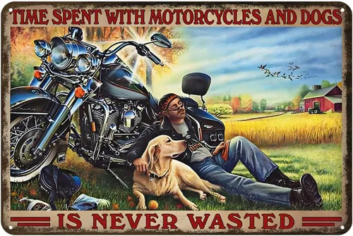 Letrero de metal vintage con texto en inglés "Time Spent with Motorcycles and Dogs is Never Wasted", decoración divertida para baño, decoración de