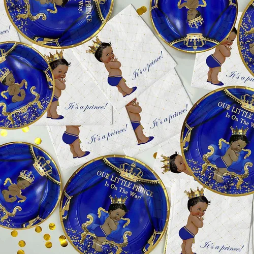 Miniatura 5 de Servilletas con platos para fiesta de baby shower, con diseño de "Nuestro Principito está en camino" para 24 invitados, vajilla desechable azul real