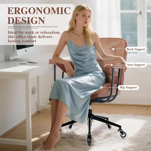 Miniatura 8 de Silla de escritorio de oficina en casa, piel sintética retro con soporte lumbar y ruedas de goma, silla ergonómica de computadora con respaldo