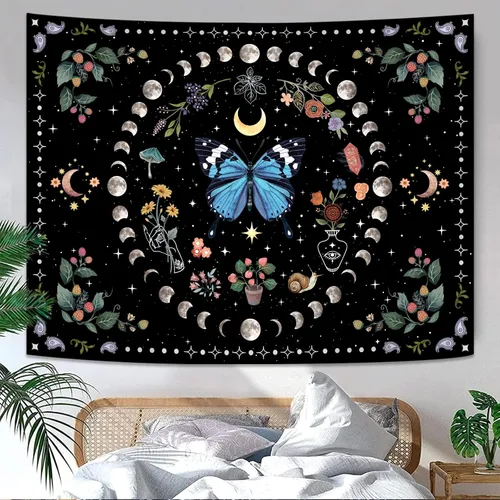 Miniatura 4 de Aipon Tapiz de flores de mariposa azul botánico bohemio para colgar en pared para dormitorio y sala de estar (36.00 pulgadas, 48.00 pulgadas, azul)