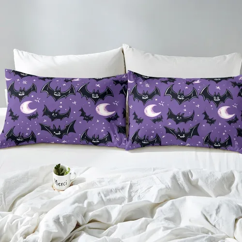 Miniatura 5 de Lindas sábanas de murciélagos tamaño individual, juego de sábanas de Feliz Halloween para niños y niñas, Kawaii cielo estrellado estrellas luna