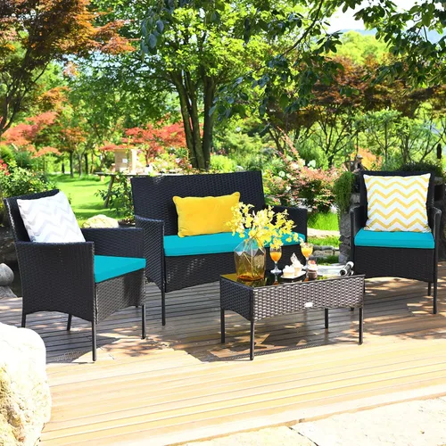 Miniatura 6 de Juego de muebles de patio de 4 piezas, juego de conversación al aire libre con respaldo ergonómico curvo, juego de sillas de patio con cojín Turquesa