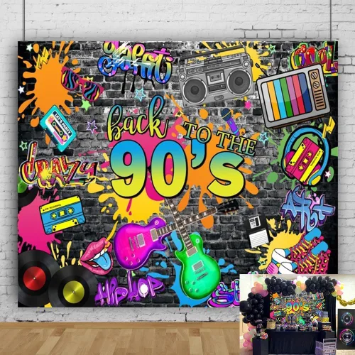Miniatura 8 de Telón de fondo de los años 90 de 7 x 5 pies para decoraciones de fiesta, pared de ladrillo de graffiti de hip hop, fondo de fotografía de regreso a