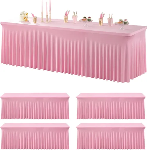 Miniatura 86 de Paquete de 2 manteles de spandex para mesas rectangulares de 8 pies, mantel elástico rosa de 8 pies, manteles ajustados, falda de mesa para fiestas