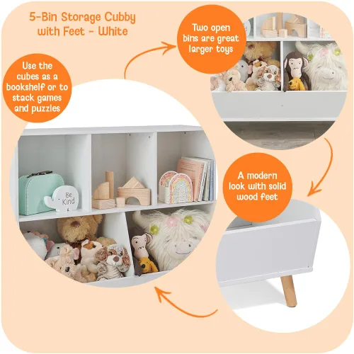 Miniatura 4 de Badger Basket Cubo de almacenamiento de 5 cubos con pies, organizador de madera para juguetes, libros y exhibición, con estante superior, cubos