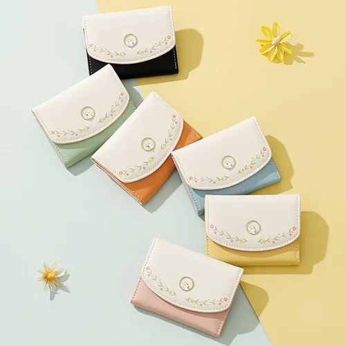 Miniatura 4 de Cartera de piel sintética para mujer y niña, con diseño de flores, de tres pliegues, delgada, pequeña, con tarjetero para dinero en efectivo