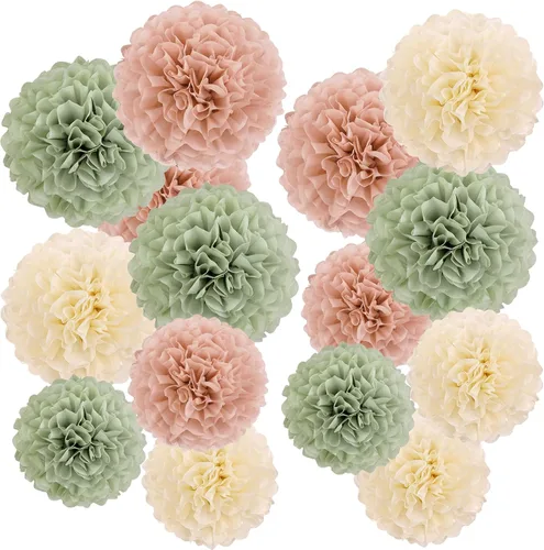 Miniatura 12 de Pompones de Papel de Seda Verde Oliva Salvia Decoraciones de Fiesta Safari Selva Flores de Papel Decoraciones Verde Natural Boho Decoración Colgante