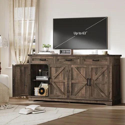 Miniatura 6 de usikey Gabinete Buffet, Aparador Buffet Grande de 63" con Almacenamiento y 3 Cajones, Barra de Café Estilo Granja con 4 Puertas, Mesa Buffet