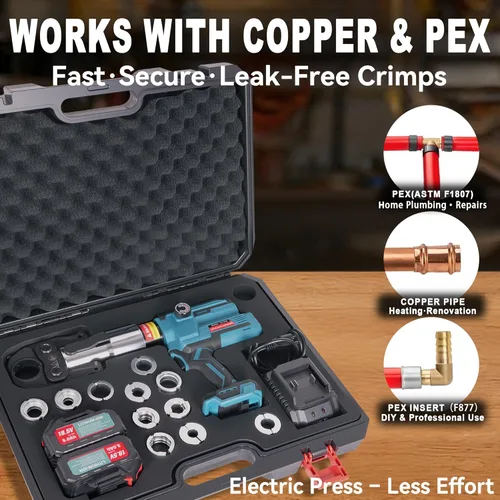 Miniatura 2 de AMZCNC Herramienta de prensa profesional de 18 V para tubos de cobre y PEX, kit de herramientas de prensa de plomería inalámbrica con 1/2 ", 3/4", 1