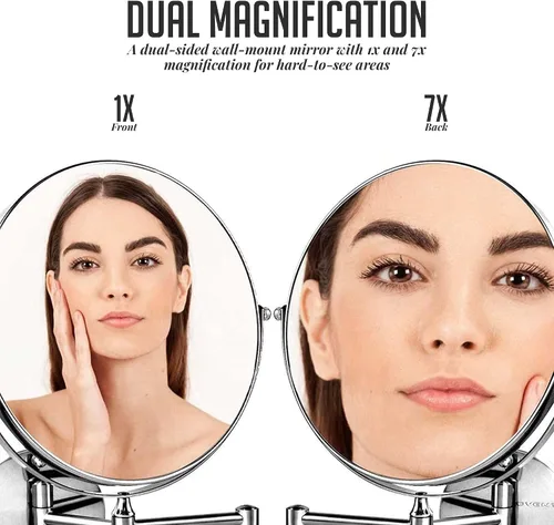 Miniatura 2 de OVENTE Espejo de maquillaje montado en la pared de 7 pulgadas con aumento 1X/10X, espejo redondo de tocador de baño de doble cara, diseño giratorio