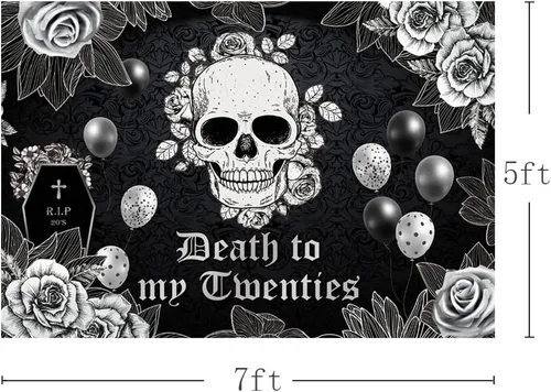 Miniatura 3 de MEHOFOND Telón de fondo de 7 x 5 pies de muerte a mis veinte para fiesta de cumpleaños de 30 años RIP to My 20s funeral gótico calavera rosa negra