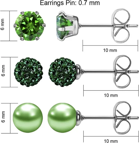 Miniatura 10 de JewelrieShop - Juego de aretes de tuerca de acero inoxidable con circonitas cúbicas y perlas de imitación, 3 pares de 0.236 in