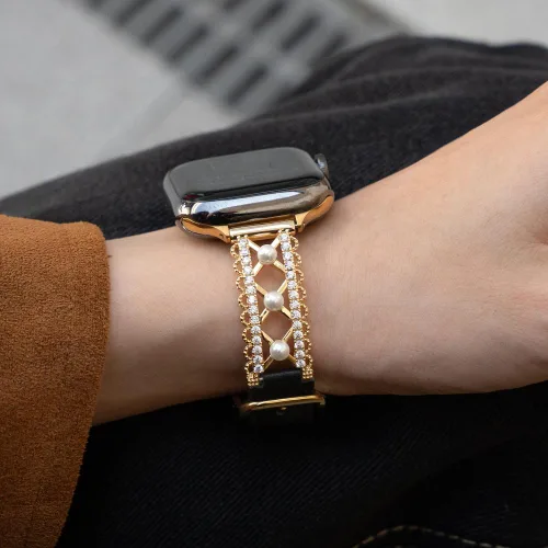 Miniatura 8 de Correa de cuero genuino y joyería para Apple Watch para mujer, elegante pulsera de perlas con circonitas laterales brillantes, correa de iWatch