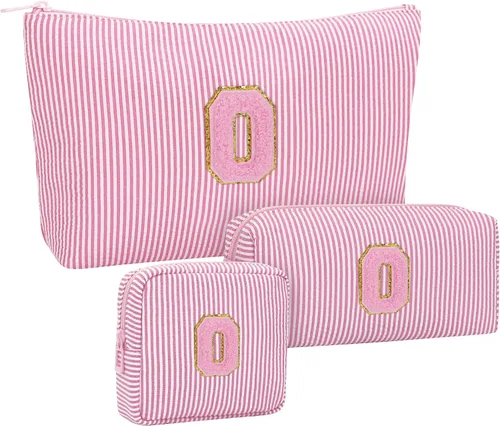 Miniatura 79 de Juego de bolsas de maquillaje con iniciales para niñas y mujeres, bolsa de cosméticos con monograma con soporte para cepillos, estuche de maquillaje