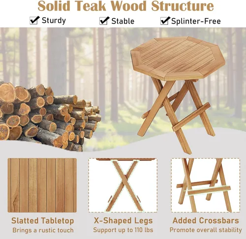 Miniatura 4 de RELAX4LIFE Mesa auxiliar plegable para exteriores, mesa auxiliar de madera de teca, mesa de café octogonal con mesa de listones, mesa de campamento