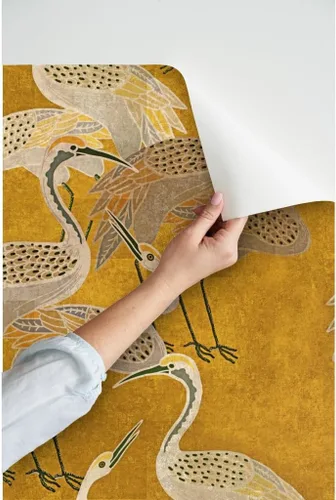 Miniatura 3 de Spoonflower Papel tapiz para despegar y pegar - Grúas Art Deco Golden Birds Gold Oriental Texture Silver Papel pintado extraíble personalizado