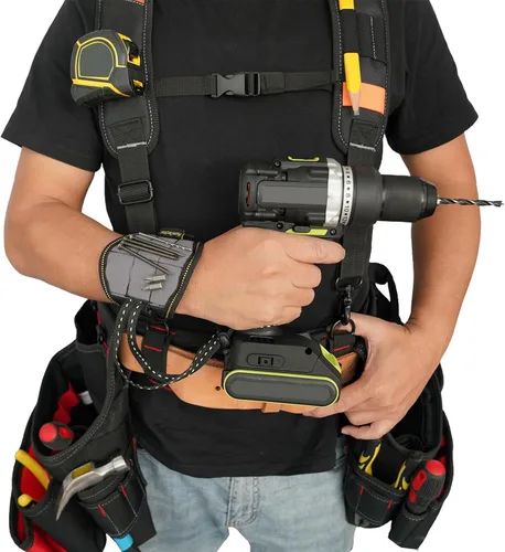 Miniatura 8 de KUNN Cinturón de herramientas con suspensión y pulsera magnética para carpintero, electricista (Color Gris)