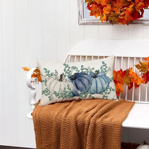 Miniatura 2 de RABUSOFA Fall Pillow Covers 12x20 Inch,Blue Pumpkin Thanksgiving Autumn Harves Outdoor Lumbar Cushion Cases Decoration for Home Sofa Couch(2306B-12