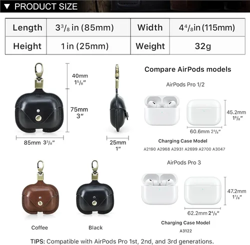 Miniatura 2 de Funda de cuero de repuesto Hiram para Airpods Pro 3 2025, Funda de viaje portátil de cuero vegetal adobado compatible con Airpods Pro 3, Fundas
