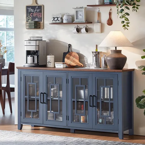Miniatura 20 de Aparador Grande Buffet con Almacenamiento, 32" Mueble de Cocina Estilo Granja Azul Marino para Café y Vino con 2 Puertas de Vidrio, Mesa Aparador