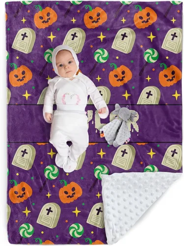 Miniatura 9 de Manta de Halloween personalizada, nombre personalizado con diseños de dibujos animados de Halloween, manta de franela de felpa suave con respaldo