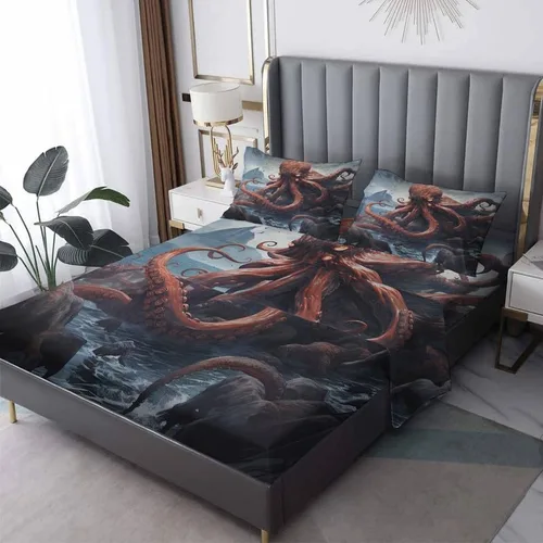 Miniatura 9 de Juego de sábanas de pulpo tamaño individual, sábanas de microfibra suave y bolsillo profundo, sábanas y fundas de almohada estampadas sin arrugas, 3