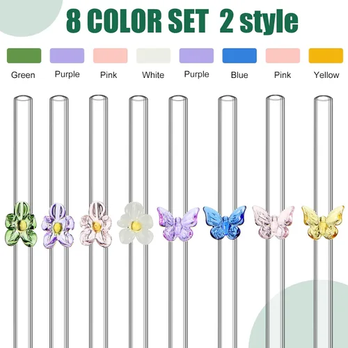 Miniatura 3 de 8 pajitas de vidrio reutilizables con flores de mariposa de vidrio transparente, resistente a los golpes, dobladas, coloridas y florales, lindas