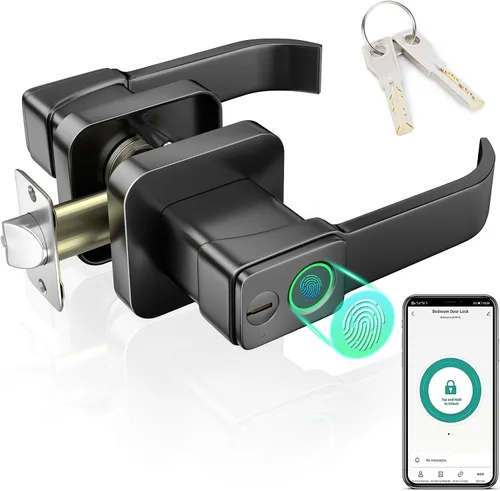 FITNATE Cerradura de puerta de huellas dactilares con control de aplicación, cerradura de puerta de entrada sin llave con asa, perilla de puerta
