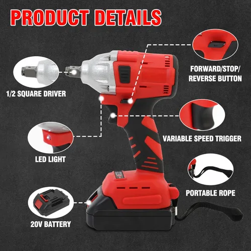 Miniatura 8 de ALSO GO Llave de impacto inalámbrica de 1/2 pulgada, pistola de impacto eléctrica de 450 N.m/330 pies, destornillador de impacto de alto par de 20