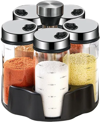 Organizador giratorio para especias, estante giratorio para condimentos con 5 tarros grandes de vidrio de 6.8 fl oz para armario de encimera de