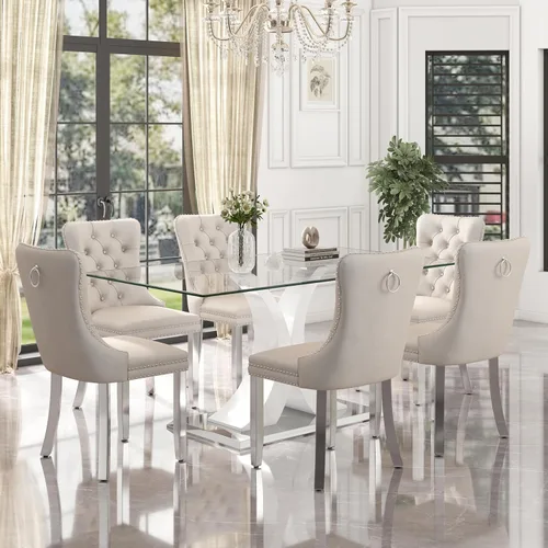 Miniatura 30 de Moderno juego de comedor de cristal de lujo para 6, 63 pulgadas, juego de vajilla rectangular minimalista grande para 6, juego de mesa de cocina