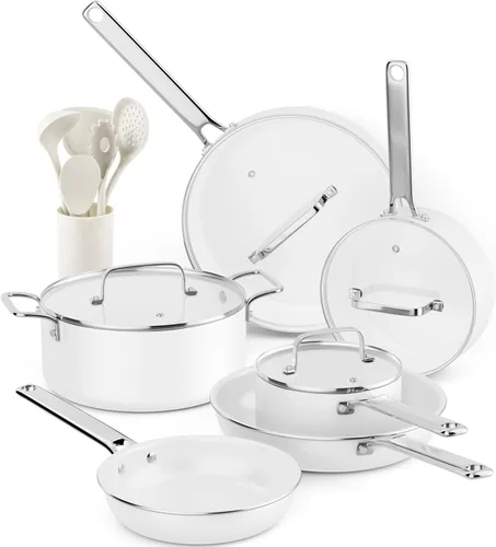 Miniatura 11 de Juego de ollas y sartenes antiadherentes - VONIKI Juego de utensilios de cocina de cerámica con juego de utensilios de cocina, juego de utensilios