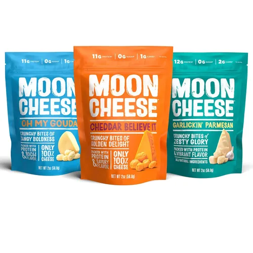 Paquete variado de queso lunar, cheddar, gouda y ajo parmesano, refrigerio de queso crujiente y rico en proteínas, sin gluten, apto para dieta keto,