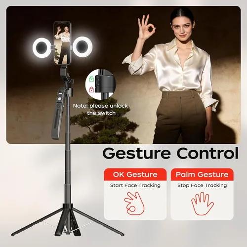 Miniatura 5 de Trípode para selfie de seguimiento automático de 70.9 pulgadas para iPhone y Android con luces, sin aplicación, trípode de rotación de 360° que