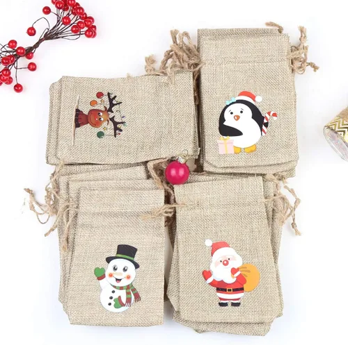Miniatura 3 de CCINEE 96 bolsas de regalo de Navidad de arpillera con cordones, bolsas de dulces de Navidad con dobles cordones de yute, 4X6 pulgadas 96 piezas