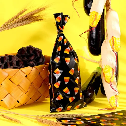 Miniatura 3 de 100 bolsas de celofán de Halloween con patrón de maíz de caramelo, bolsas de celofán con 200 lazos dorados para galletas y aperitivos de chocolate