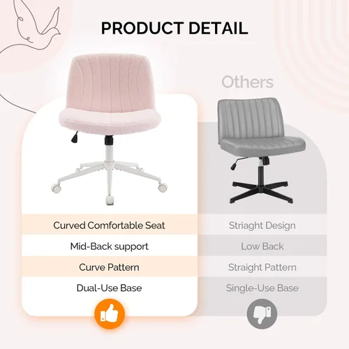 Miniatura 4 de VINGLI Silla de Patas Cruzadas, Silla de Escritorio de Oficina Ancha y Cómoda, Doble Uso con/sin Ruedas Silla de Trabajo para Computadora, Silla Rosa