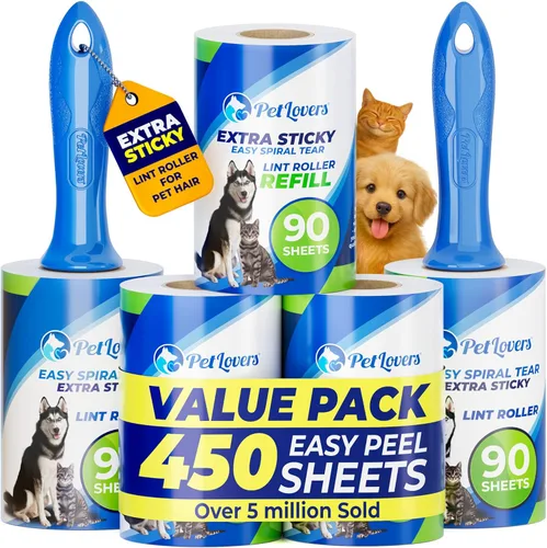 PetLovers Juego de Rodillos Quitapelusas Extra Adhesivos de Gran Valor 450 Hojas para la Eliminación de Pelo de Mascotas y Ropa, Removedor de Pelusa