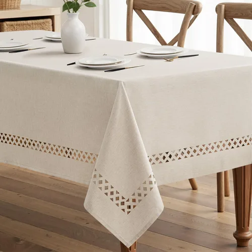 Miniatura 12 de MIULEE Mantel redondo de poliéster de lino beige con recortes decorativos, impermeable, resistente a las manchas y al encogimiento, 60 x 60