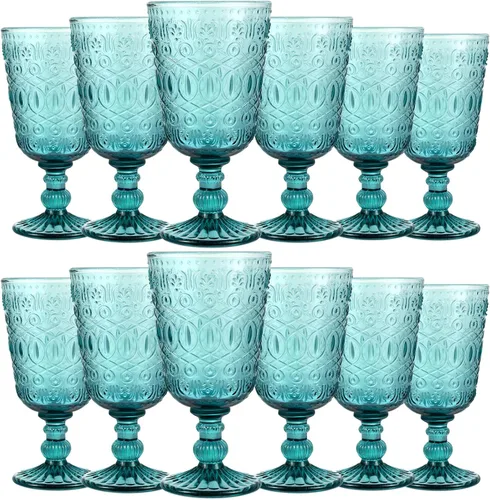 Eaasty Juego de 12 copas de vino vintage de 9 onzas, copas de vidrio de color vintage, copas de vidrio con tallo romántico, cristalería en relieve