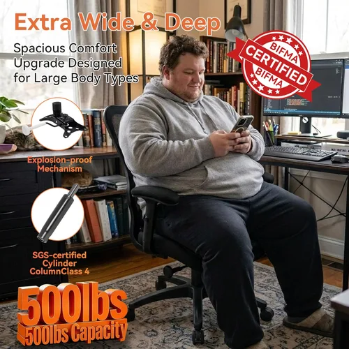 Miniatura 3 de Silla de oficina de 500 libras, silla de escritorio ergonómica de malla grande y alta, resistente con asiento extra ancho de 24 pulgadas, soporte