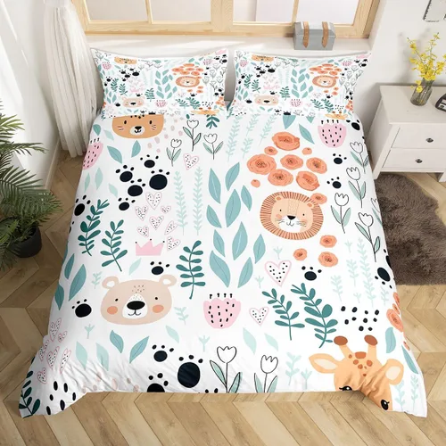 Miniatura 18 de Erosebridal Juego de ropa de cama individual de animales de la selva para niñas y niños, funda de edredón de elefante oso, tigre, león, safari