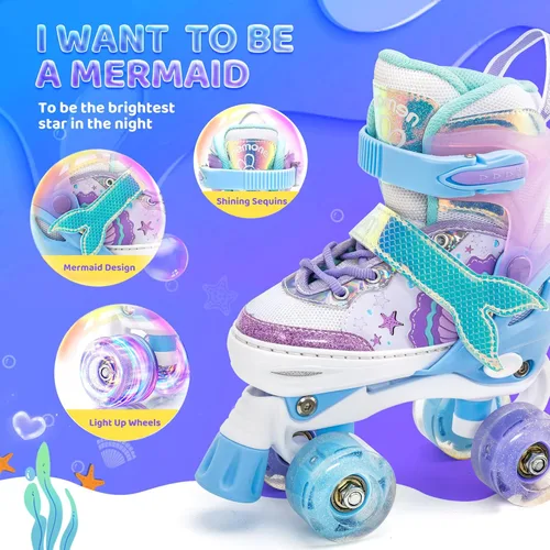 Miniatura 3 de NEMONE - Patines de sirena con ruedas iluminadas y 4 tamaños ajustables para niñas, azul y morado, para niños pequeños, para principiantes, de A