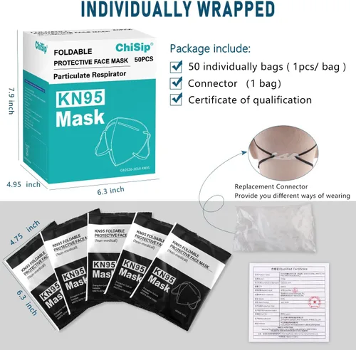 Miniatura 6 de Mascarillas Kn95, paquete de 50, máscaras de seguridad contra el polvo envueltas individualmente, máscara de protección de 5 capas para adultos