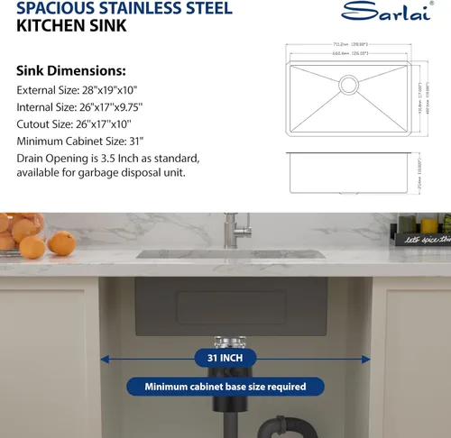 Miniatura 7 de Sarlai Gold Fregadero de Cocina Empotrado - Fregadero de Cocina de 28 Pulgadas Empotrado de Acero Inoxidable Dorado Tazón Individual de 28" x 19