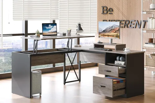 Bestier Escritorio de pie en forma de L con parte superior elevadora, escritorio esquinero de pie de 55 x 55 pulgadas para oficina en casa,
