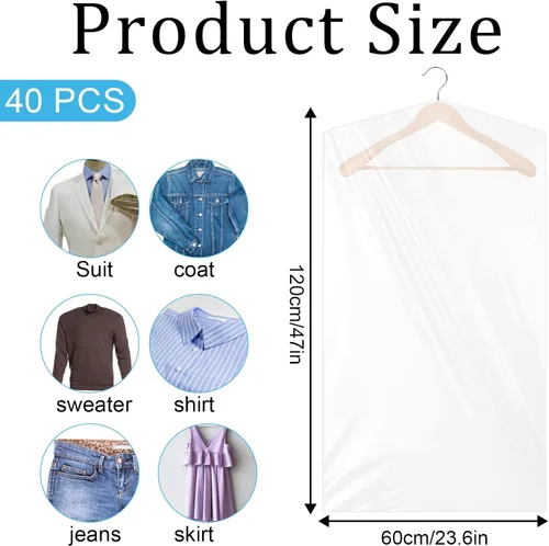 Miniatura 2 de 40 bolsas de limpieza en seco para colgar ropa, bolsas de plástico transparente de 23.6 x 47.2 in, fundas protectoras de ropa, bolsas de ropa