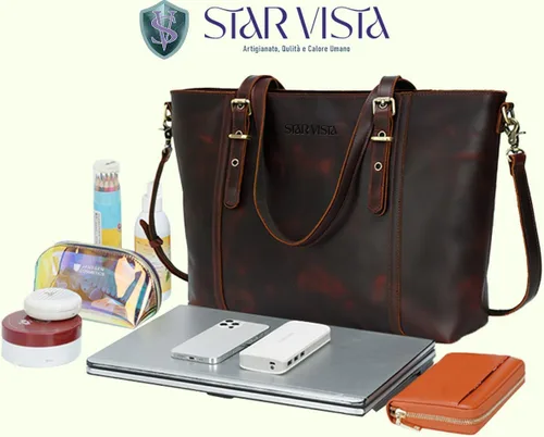 Miniatura 6 de STAR VISTA Scopella Bolsa de cuero de grano completo, XL, portátil de 15.6 pulgadas, cremalleras YKK, asas ajustables y correa, funda para carrito