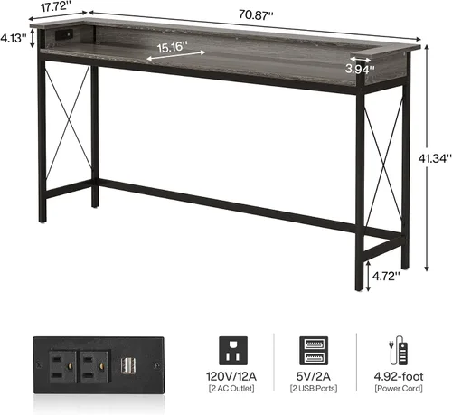 Miniatura 2 de Tribesigns Mesa de sofá con tomas de corriente y puertos USB, mesa consola extra larga de 70.9 pulgadas detrás del sofá con estación de carga, mesa