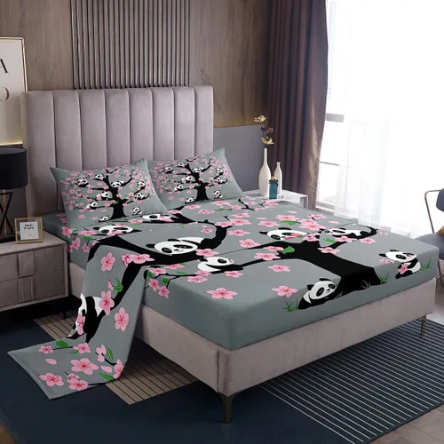Miniatura 15 de Erosebridal Juego de sábanas de panda de dibujos animados, tamaño individual, sábanas de flores de cerezo para niñas, niños, ramas de cerezo